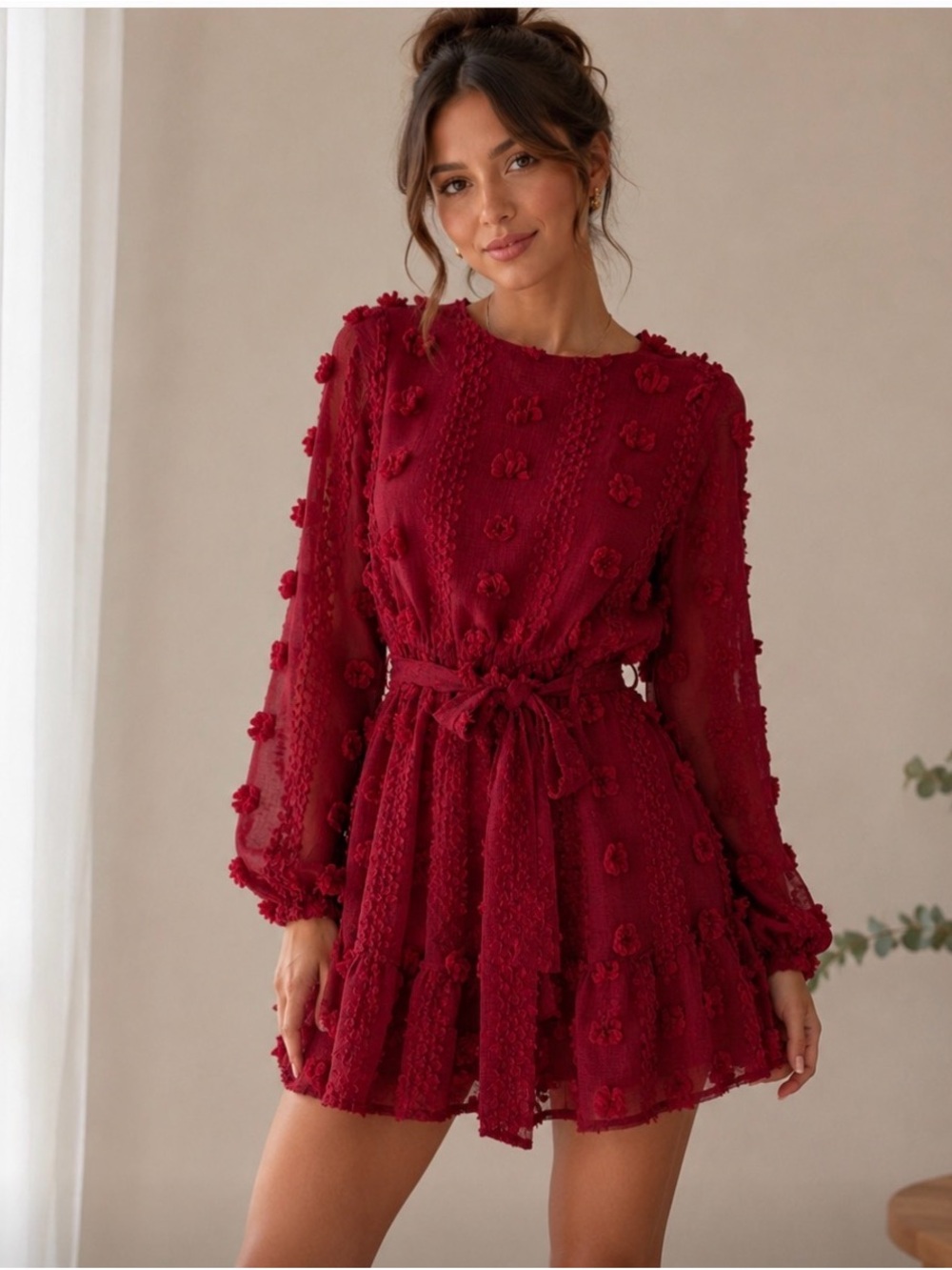 Flying Tomato Wine Red Pom-Pom Long Sleeve Mini Dress